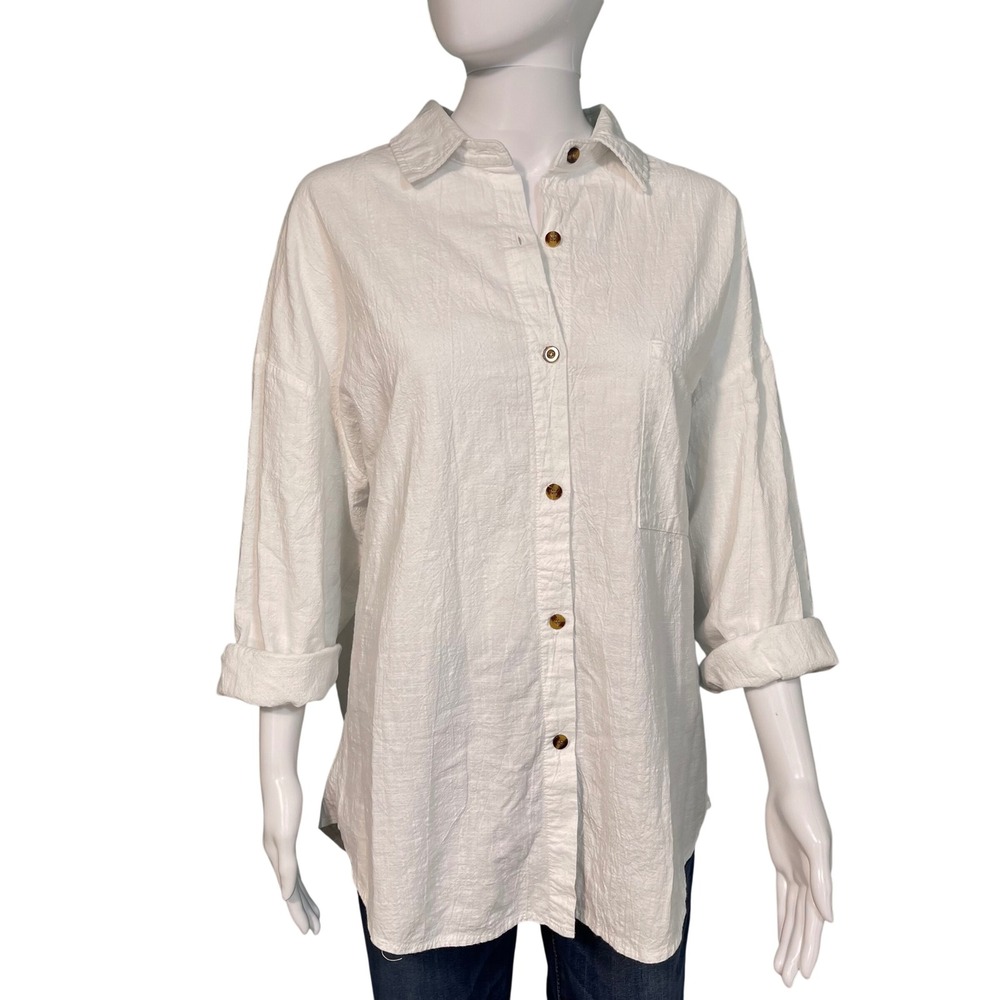Fashion White Cotton Linen Button Front Shirt Women Textured Oversized Blouse